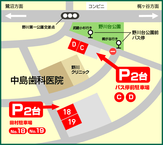 駐車場マップ（田村駐車場No.18・19、バス停前駐車場C・D）